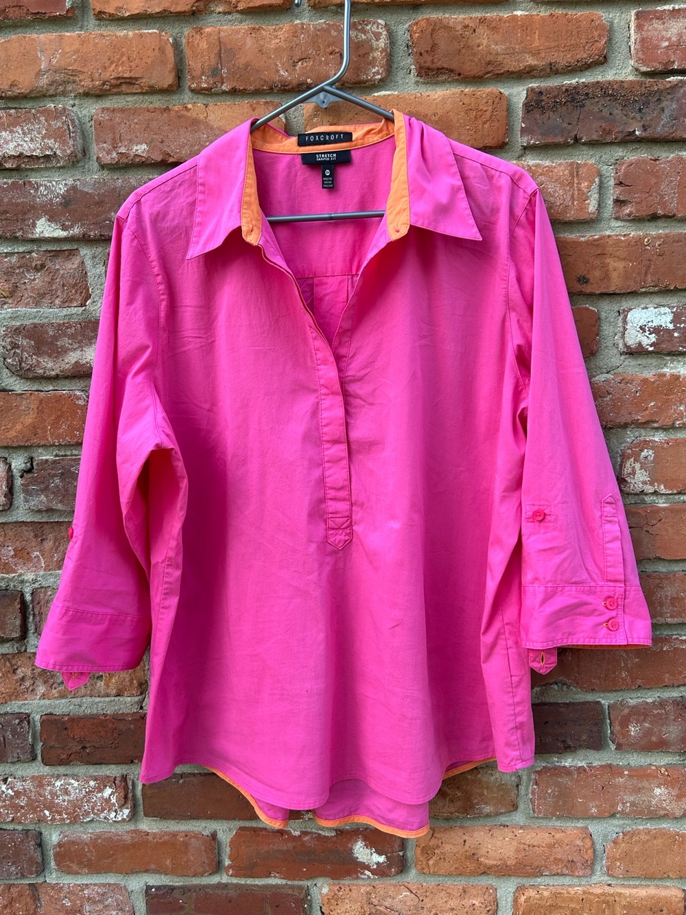 Foxcroft Pink Collared Popover Blouse with Orange Trim 16W Cotton Stretch